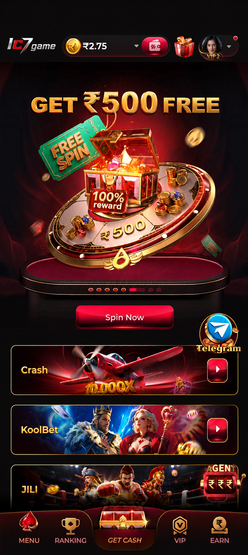 The IC7 Game app lobby on an Android phone