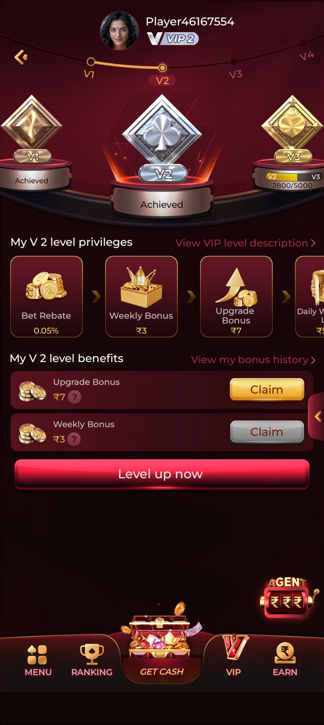 The VIP screen in the IC7 Game app, showing VIP levels and tier privileges