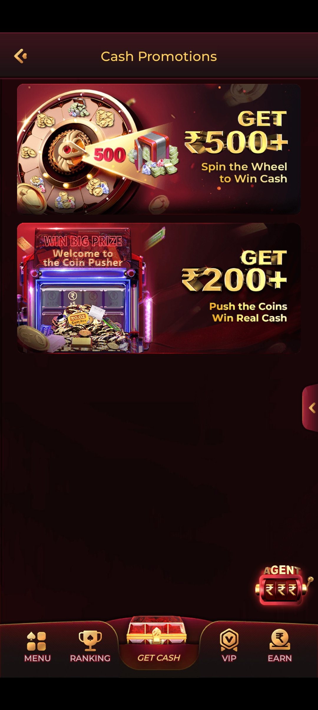 The cash promotions screen in the IC7 Game app
