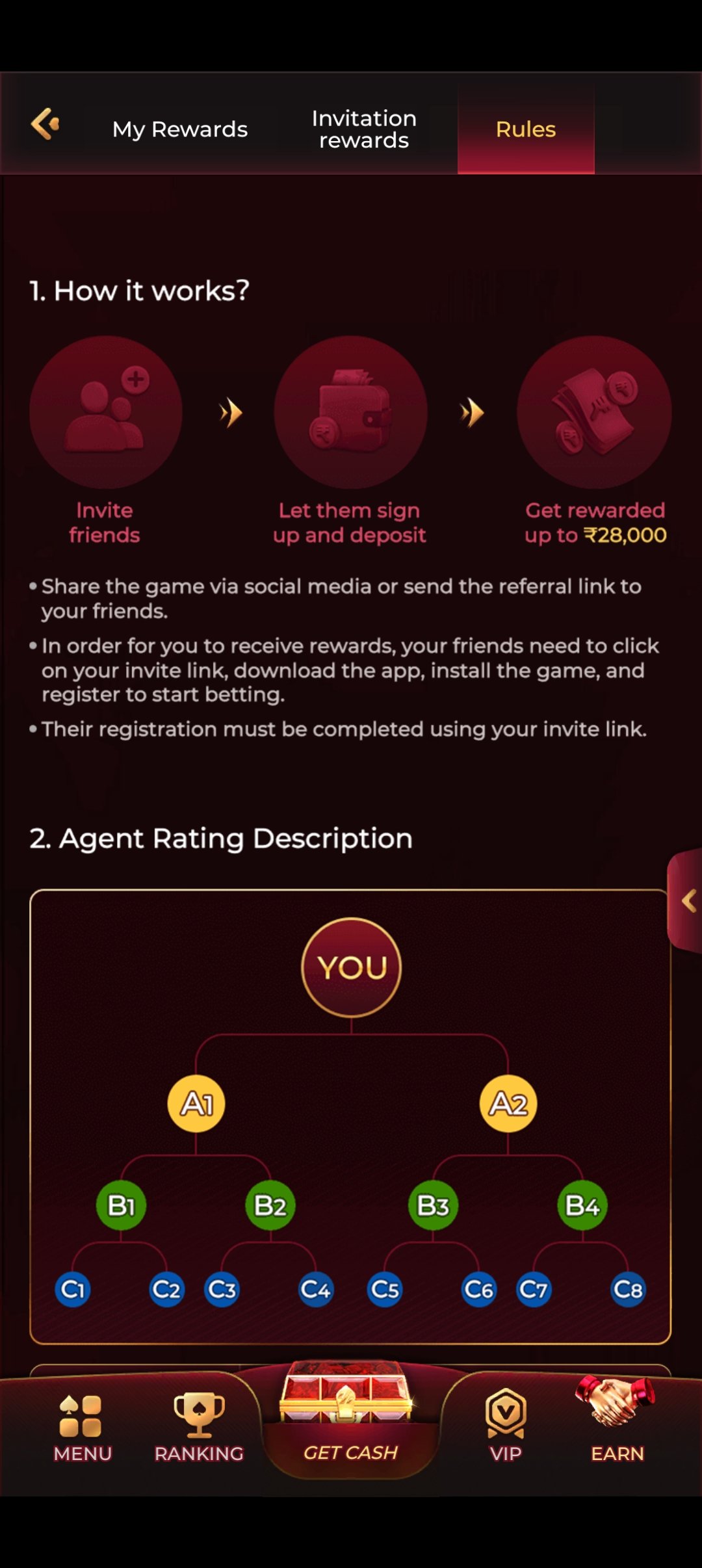 The rewards screen in the IC7 Game app, explaining how invitation rewards work